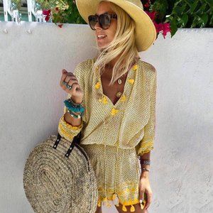 Sexy Beach Yellow V Neck Mini Dress, Cover Up